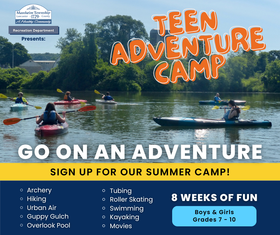 Teen Adventure Summer Camp Registration is Now Open. Photo depicts Manheim Township Youth kayaking.